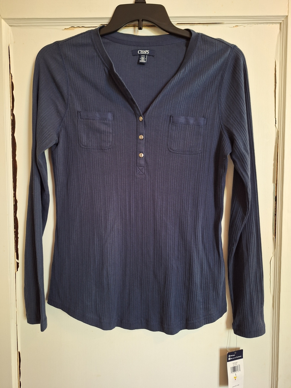 Chaps Women's Long-Sleeve Ribbed Henley Top - Navy Sz L